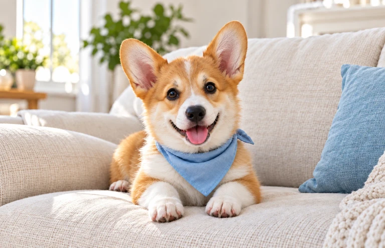 After enhancement example: the same corgi on a sofa, with more defined fur and eyes.