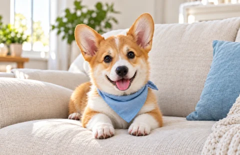 After enhancement example: the same corgi on a sofa, with more defined fur and eyes.