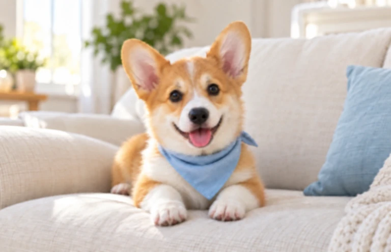 Before enhancement example: a corgi wearing a blue bandana on a sofa, with blurred fur.