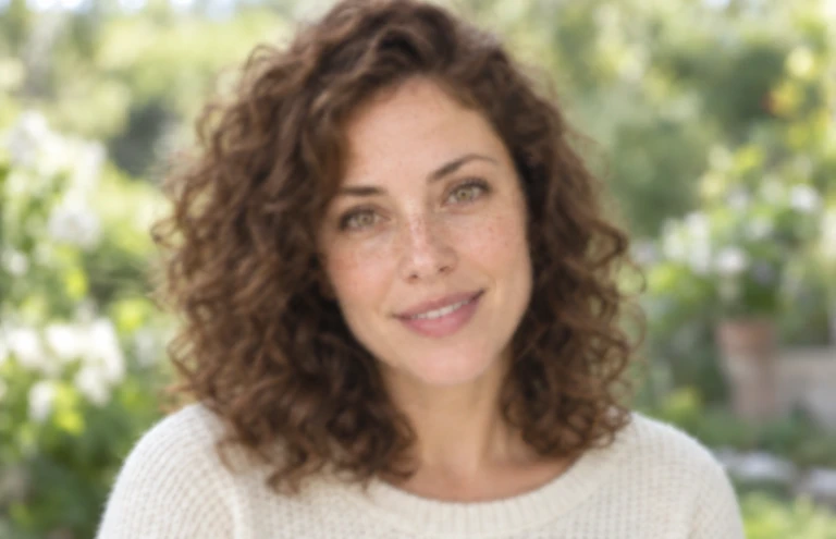 Before enhancement example: a curly-haired woman in a white sweater, with soft facial details.