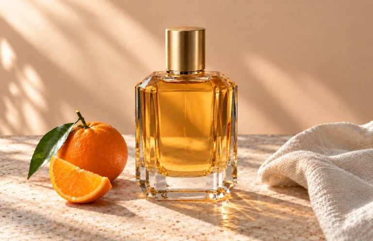 After enhancement example: the same perfume bottle and orange, with sharper glass edges and peel texture.
