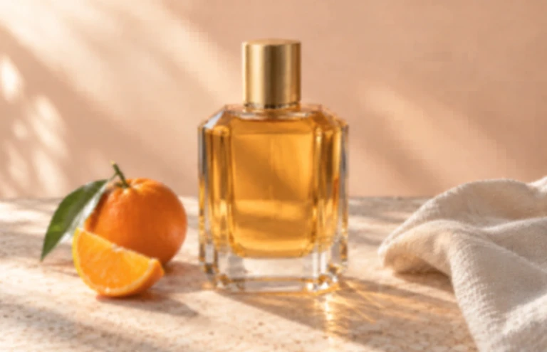 Before enhancement example: a perfume bottle beside an orange, with blurred glass edges.