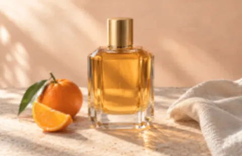 Before enhancement example: a perfume bottle beside an orange, with blurred glass edges.