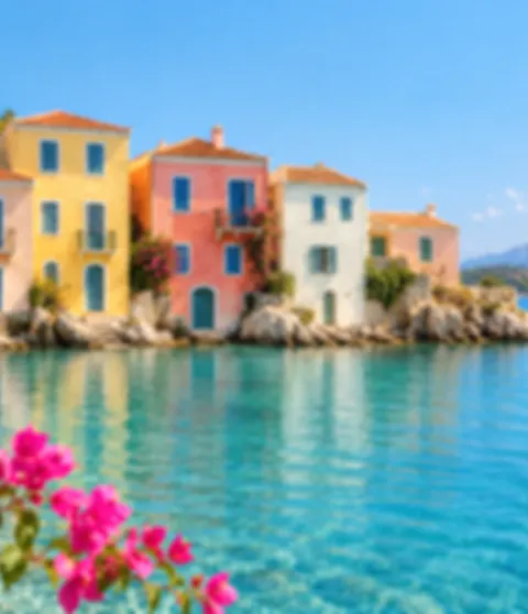 Before enhancement example: colorful waterfront houses, with blurred windows and reflections.