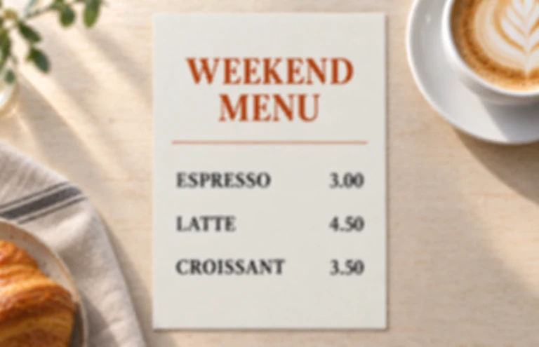 Before enhancement example: a weekend cafe menu, with blurred item names and prices.