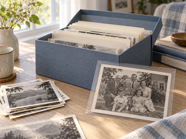 Vintage photographs organized in an archival box