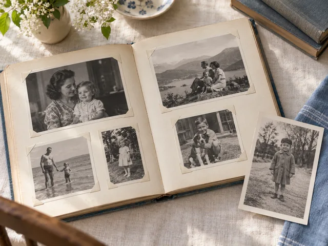 An open family album with fictional black-and-white photographs