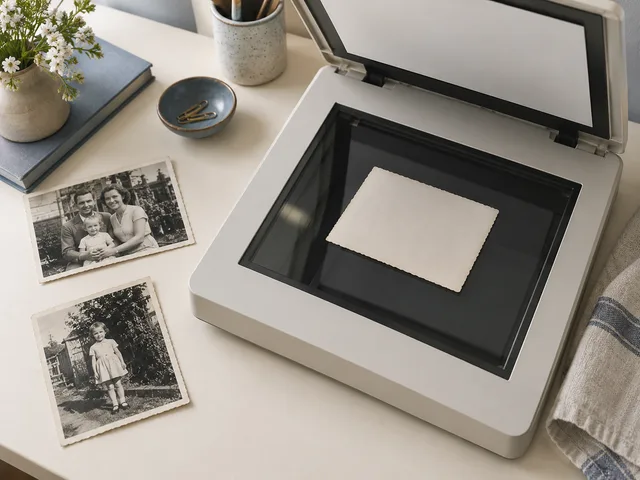 A flatbed scanner and vintage photographs in a home workspace